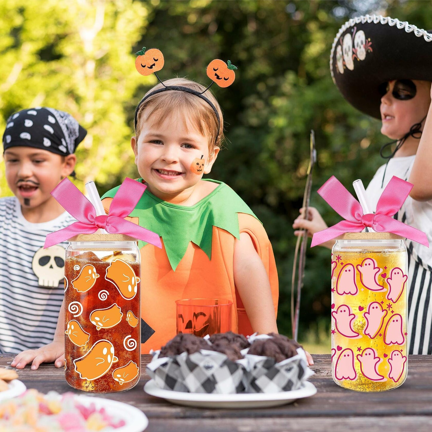 LeeSky 2 Pack Halloween Ghost Glass Tumblers 16Oz Pink Orange Lids Straws