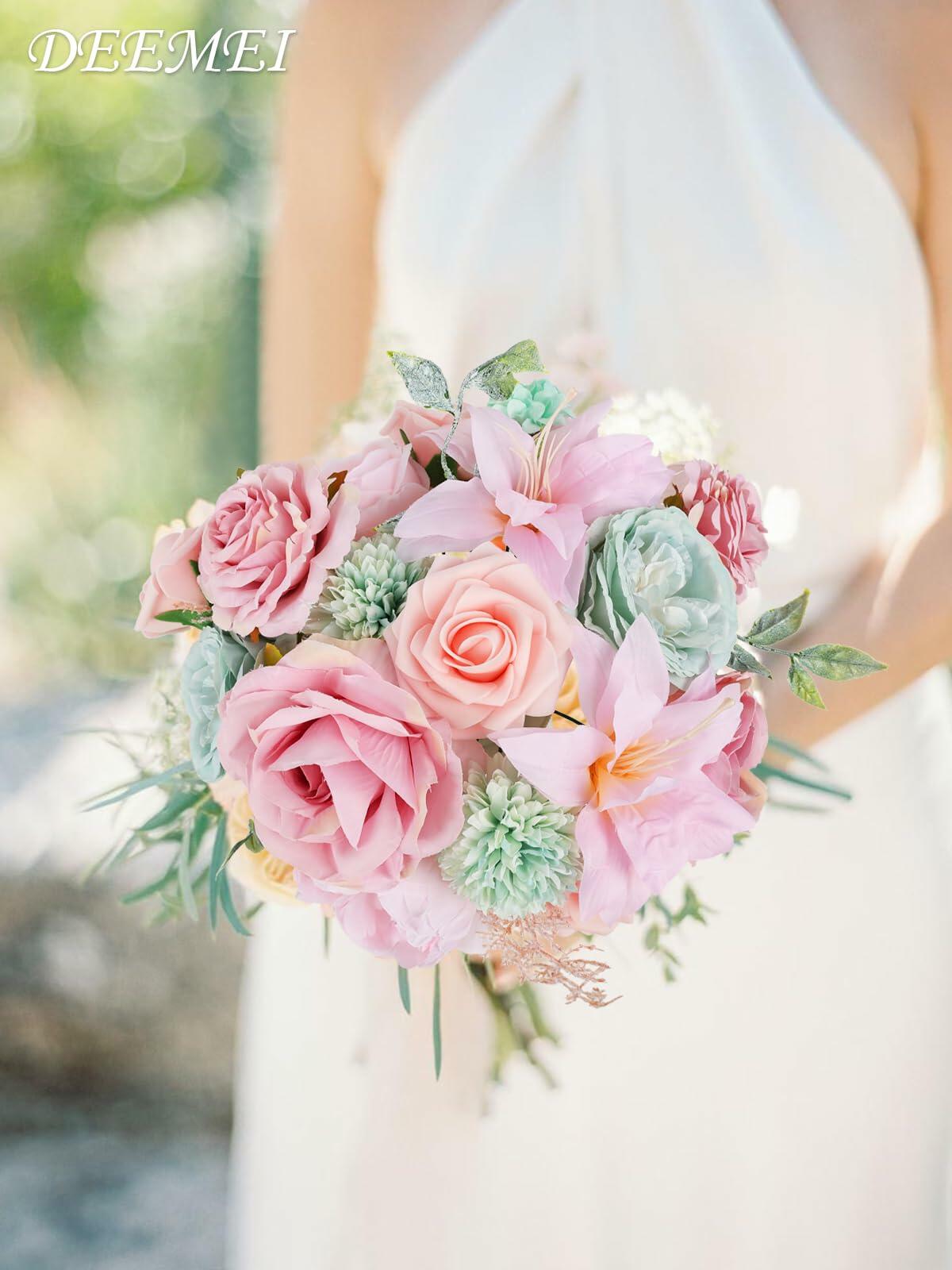 DEEMEI Artificial Pink Peach Silk Rose Peony Flowers Combo Box Set