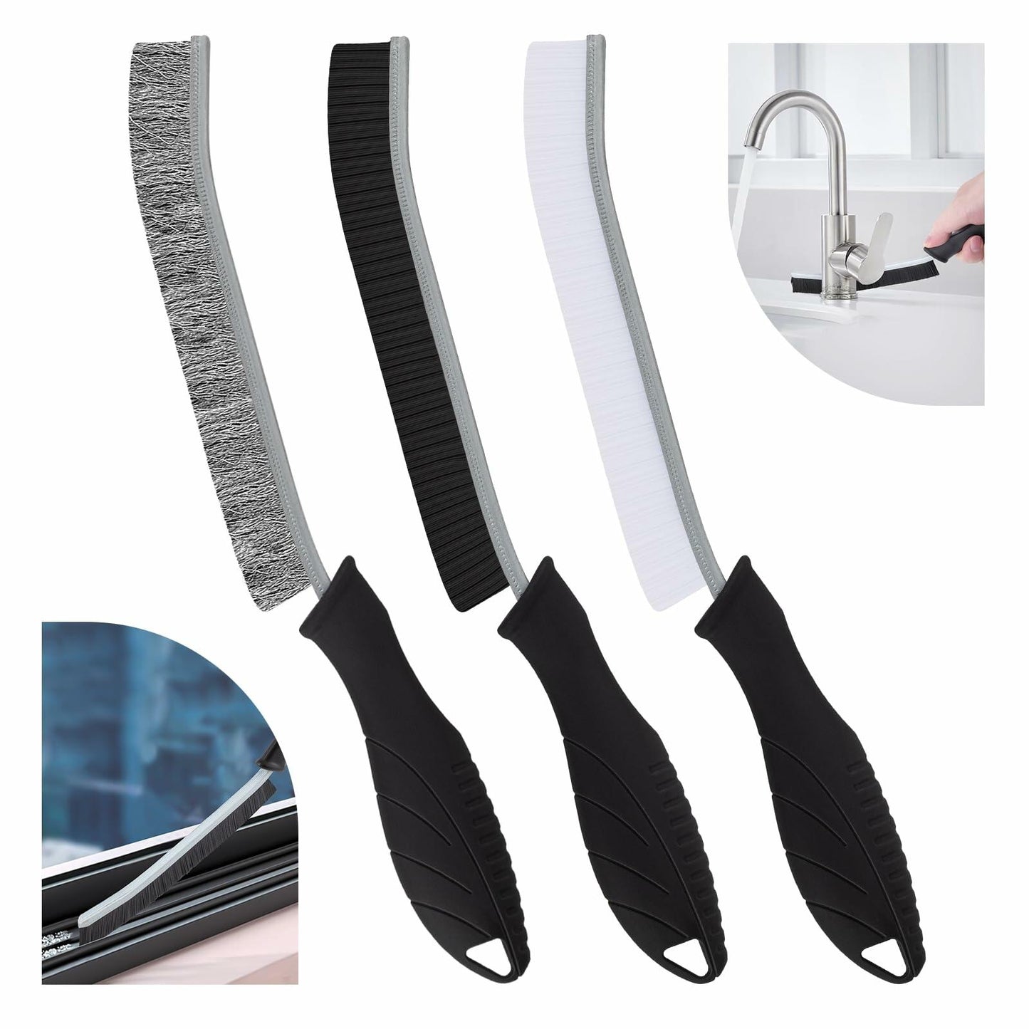 [Like New] KMOSENIA Crevice Cleaning Brush Set, Wire Brushes, Black/White, 3 pcs