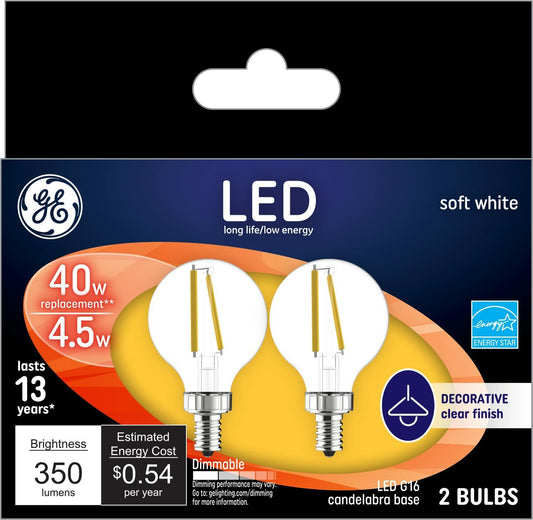 GE LED Globe Light Bulbs 4W 40W Equivalent Soft White Frosted Candelabra 2 Pack