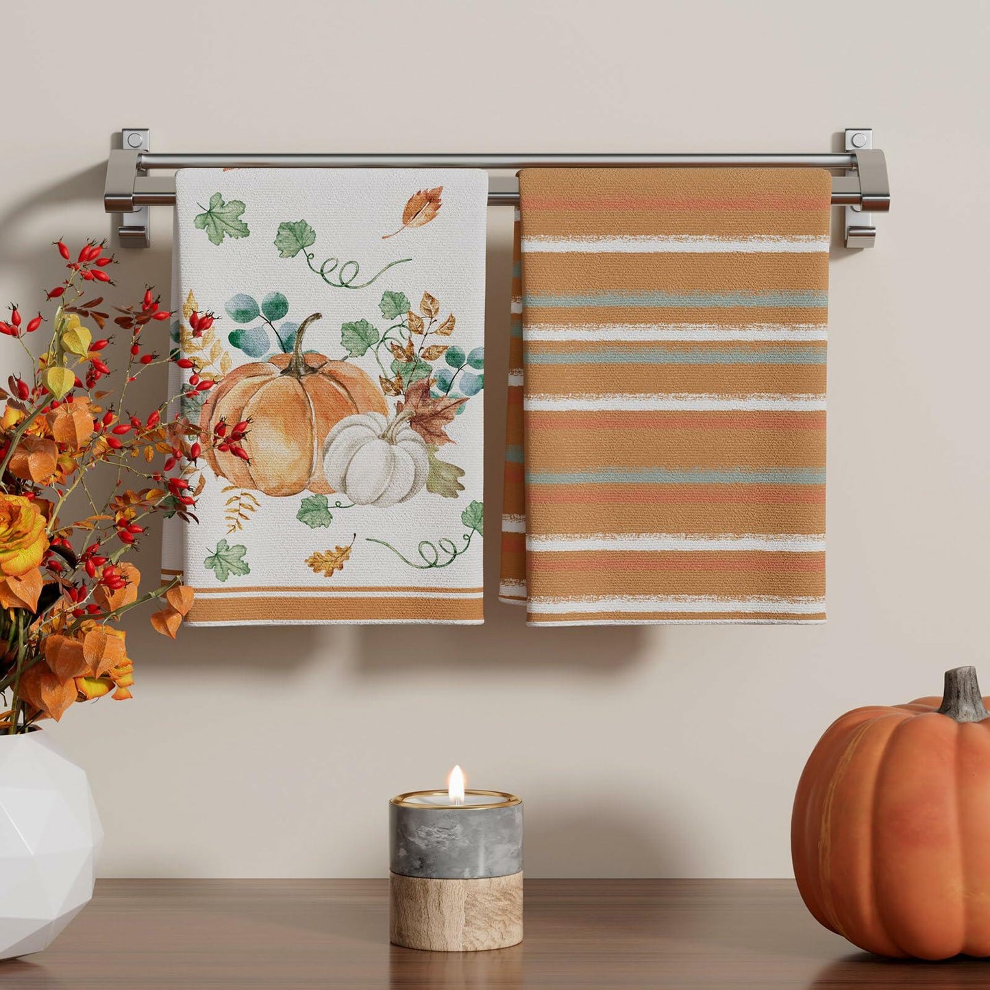 XCHI Fall Pumpkin Striped Dish Towels 18x26 Inch Colored Set of 4