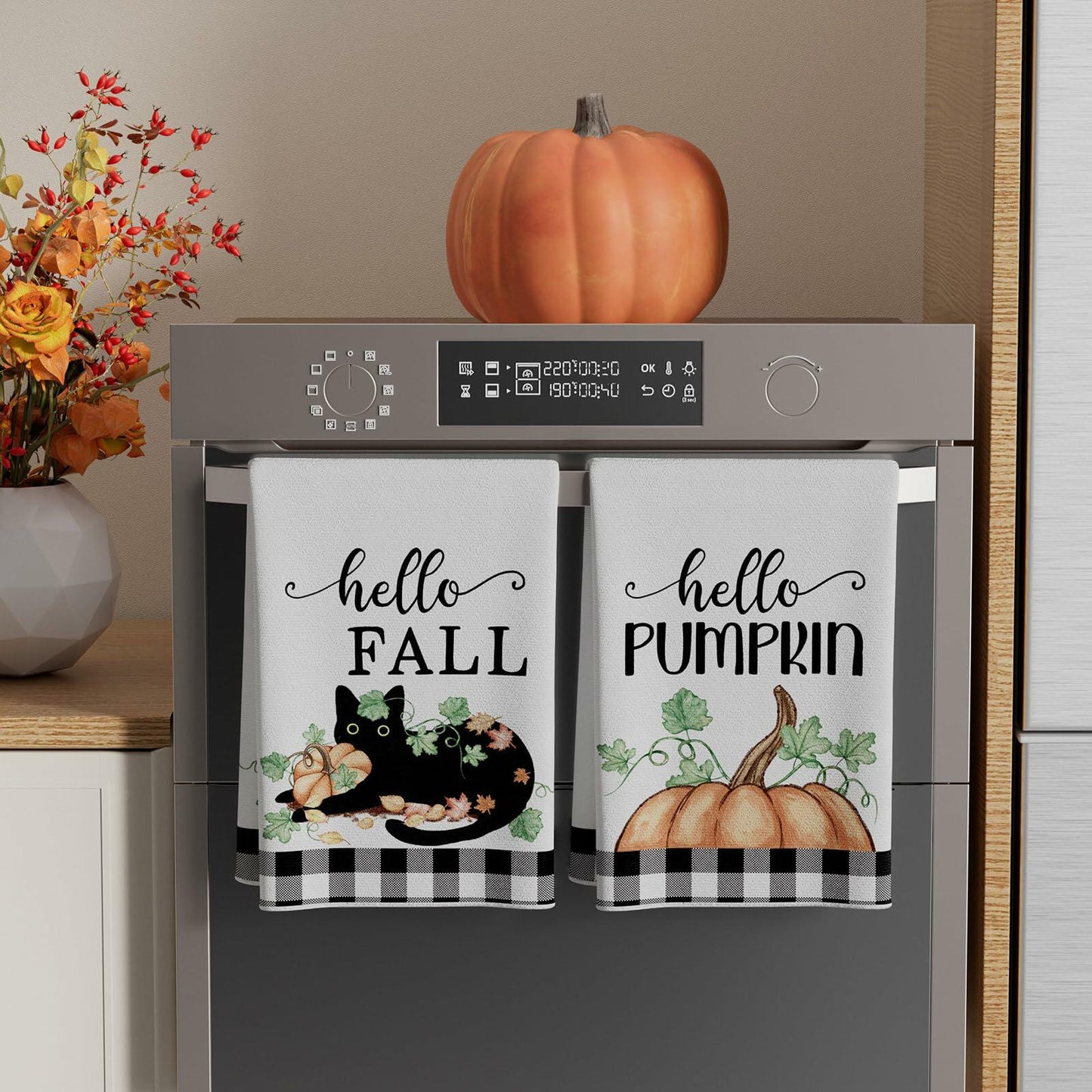 XCHI Fall Black Cat Pumpkin Plaid Kitchen Towels 18x26 Inch Set of 2