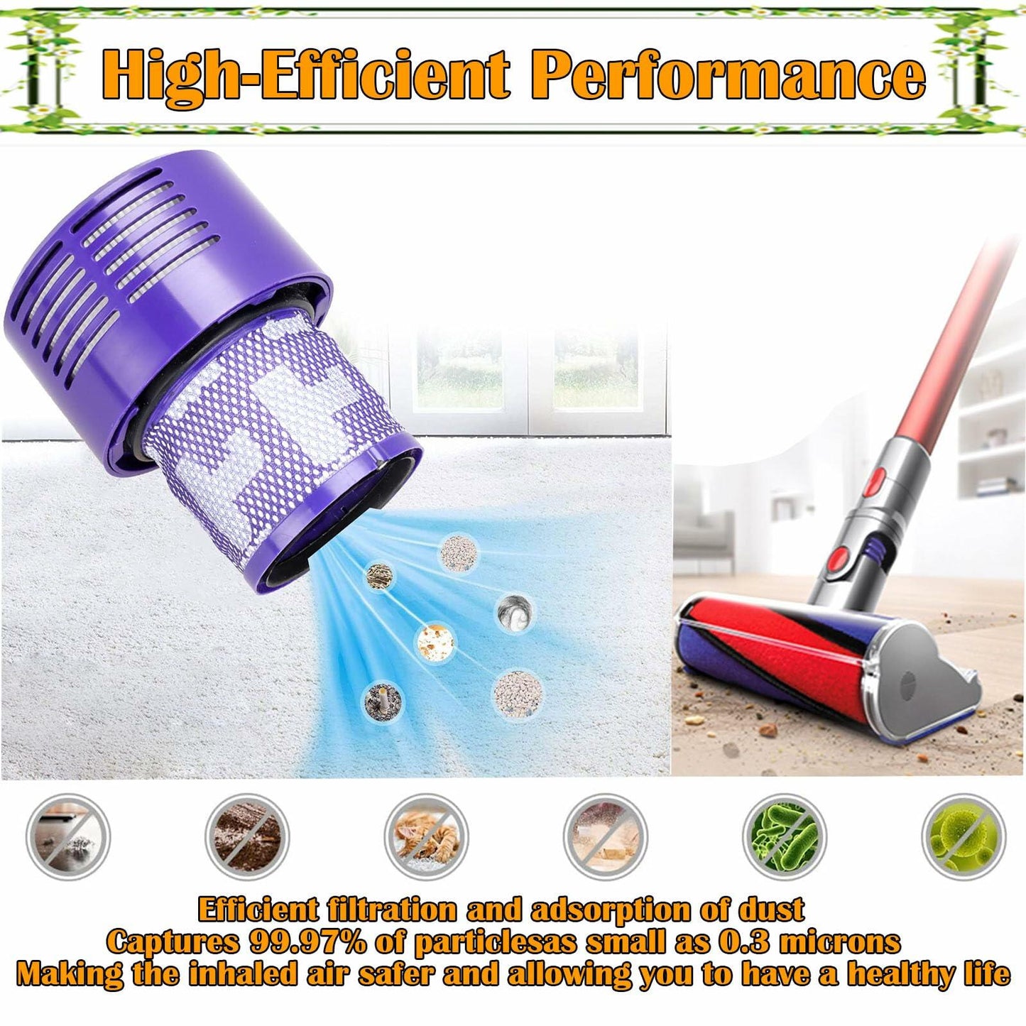 Pdoucgia Dyson V10 Vacuum Cleaner Replacement Filters 3 Pack Purple + Brush