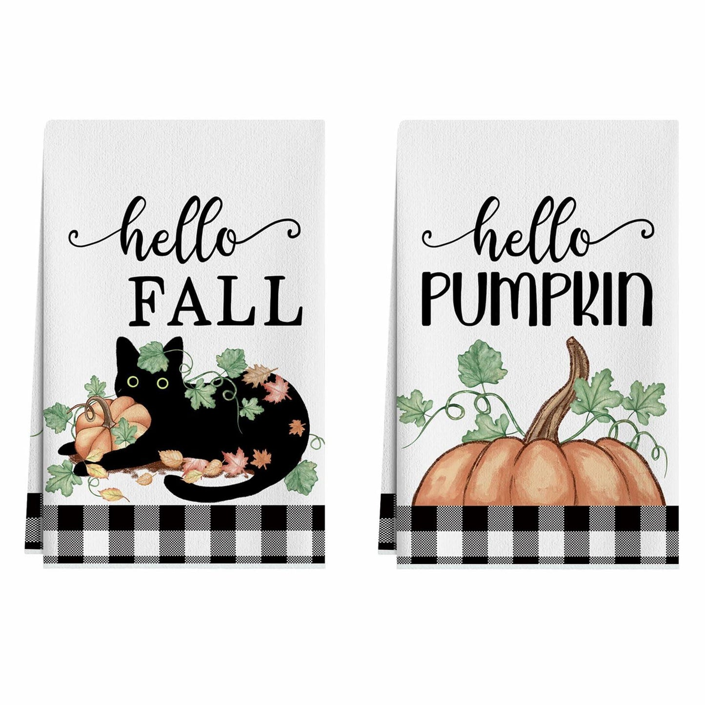 XCHI Fall Black Cat Pumpkin Plaid Kitchen Towels 18x26 Inch Set of 2