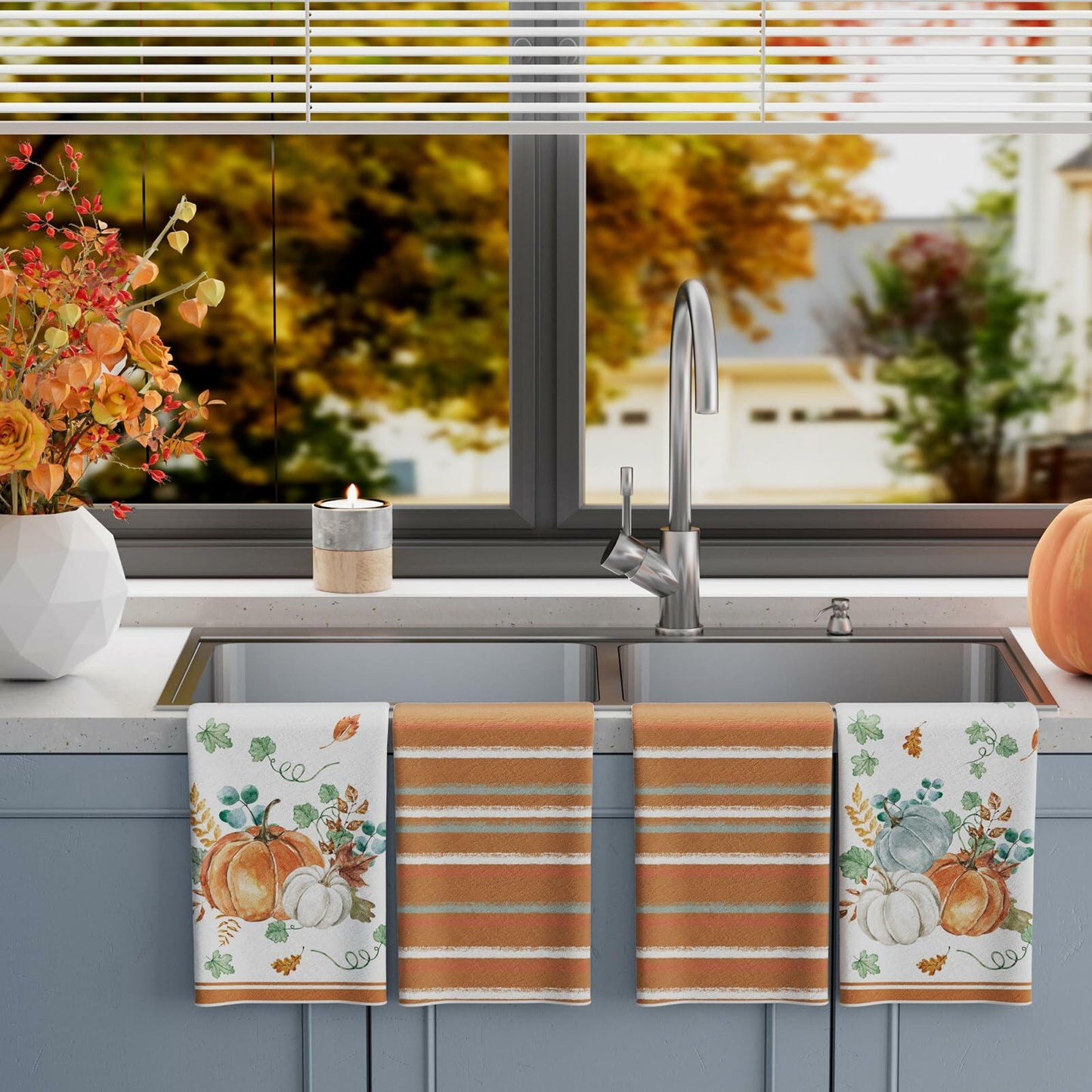 XCHI Fall Pumpkin Striped Dish Towels 18x26 Inch Colored Set of 4