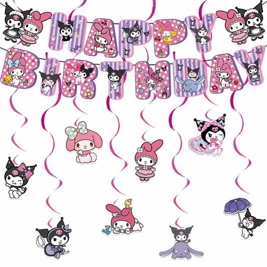 CcHLjh K Kawaii Cartoon Birthday Party Banner & 8 Purple Hanging Swirls
