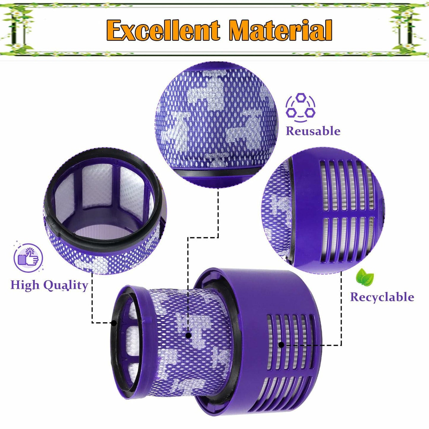 Pdoucgia Dyson V10 Vacuum Cleaner Replacement Filters 3 Pack Purple + Brush