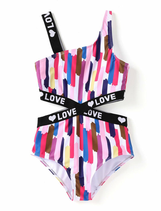 PATPAT Girls One Piece Swimsuit Monokini Colored Stripes Size 11-12 Years