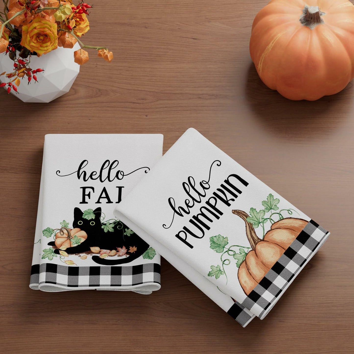 XCHI Fall Black Cat Pumpkin Plaid Kitchen Towels 18x26 Inch Set of 2