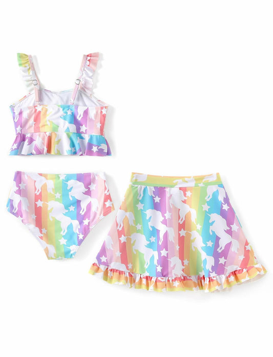 PATPAT Girls 3PC Ruffle Sleeve Rainbow Unicorn Bikini Colorful Size 7-8 Years