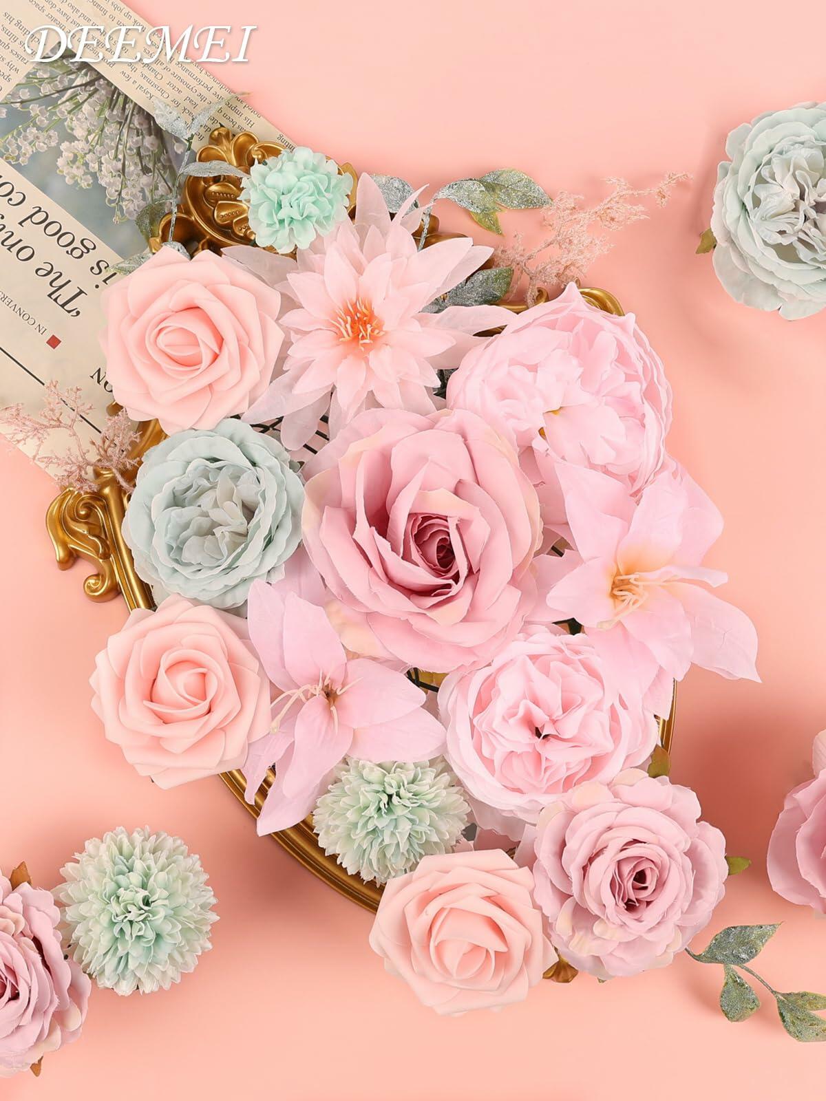 DEEMEI Artificial Pink Peach Silk Rose Peony Flowers Combo Box Set