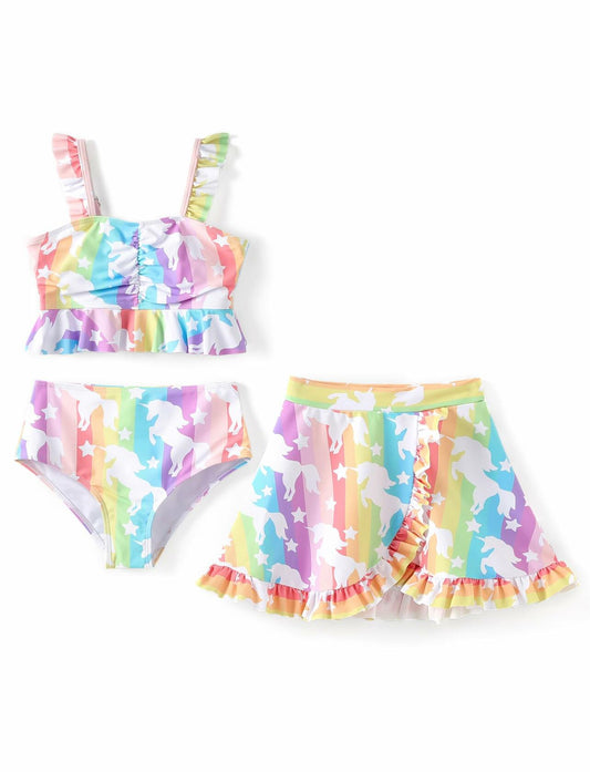 PATPAT Girls 3PC Ruffle Sleeve Rainbow Unicorn Bikini Colorful Size 7-8 Years