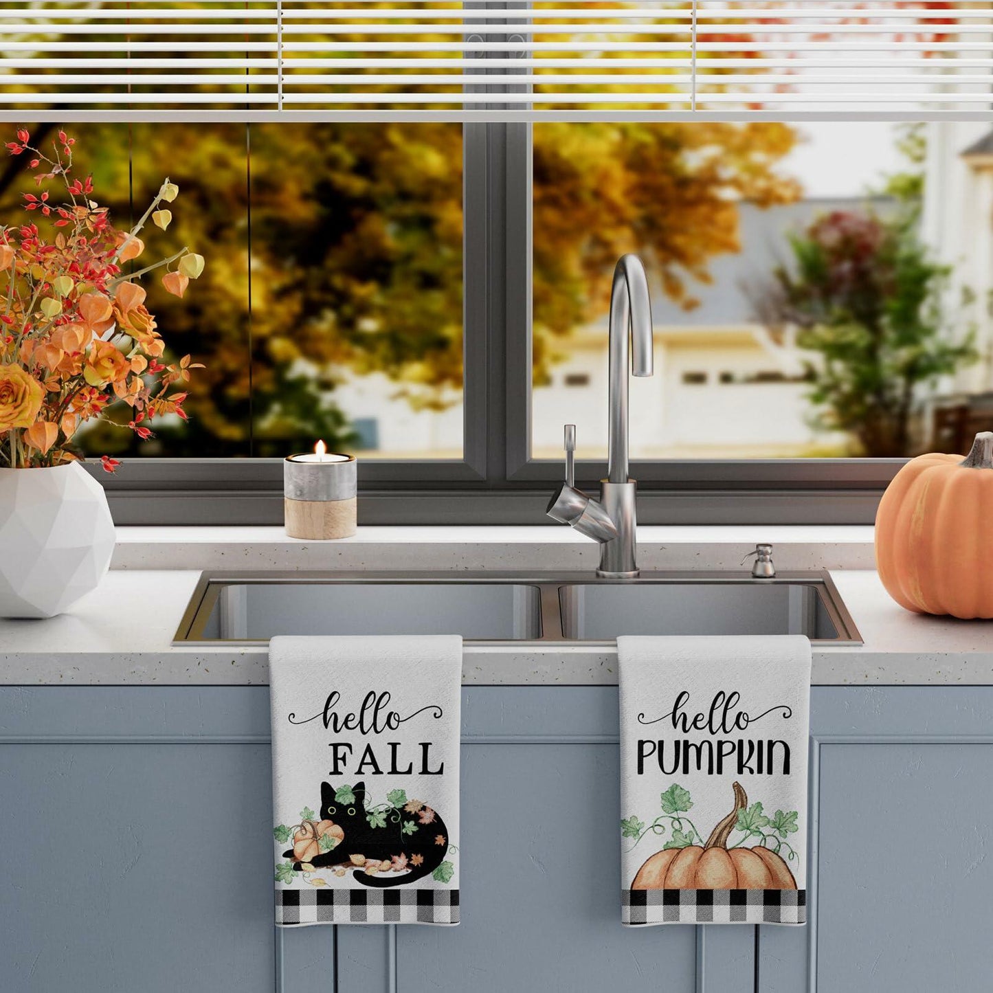 XCHI Fall Black Cat Pumpkin Plaid Kitchen Towels 18x26 Inch Set of 2