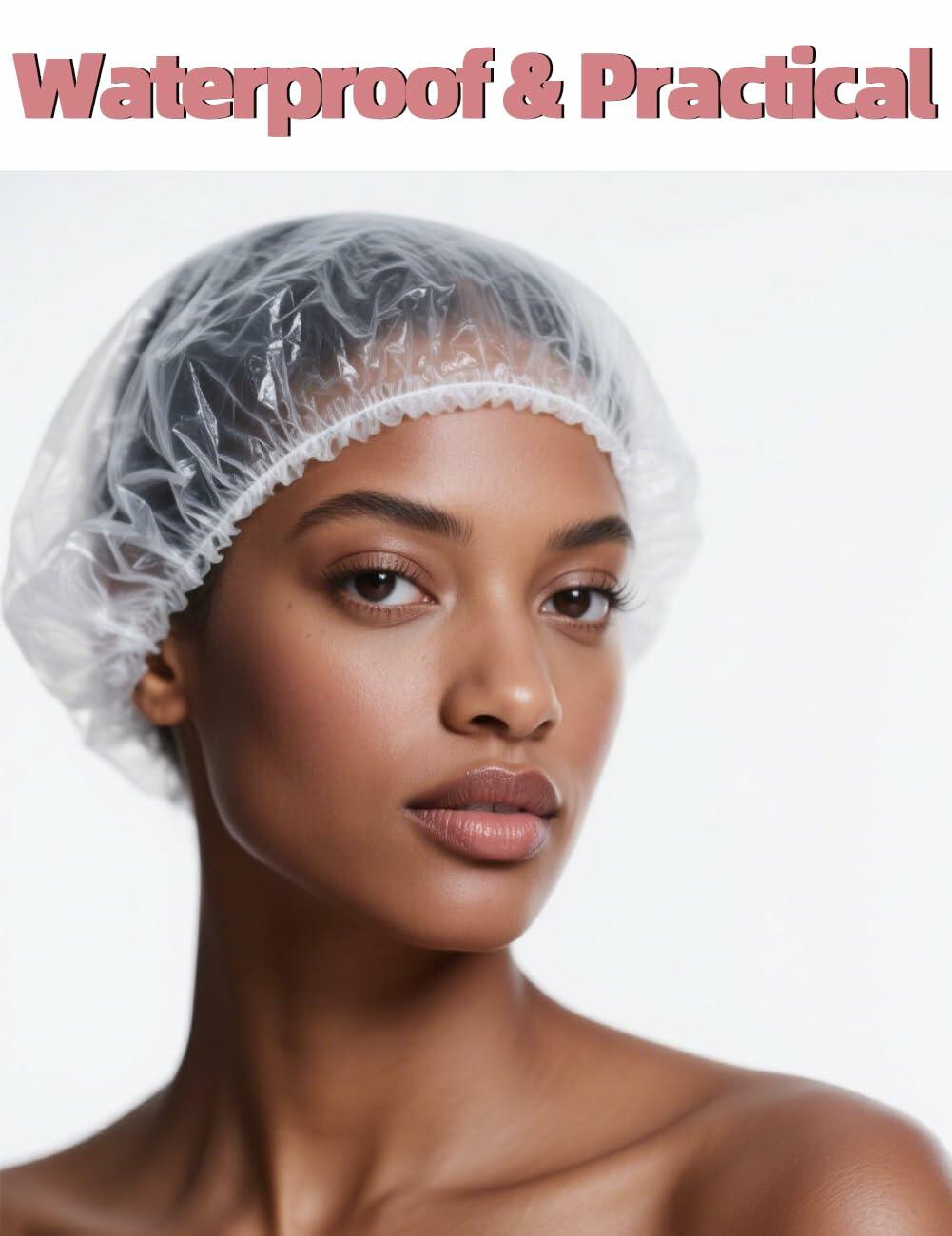 NEOWEMING 100PCS Disposable Shower Caps Thick Waterproof Clear Plastic Size L