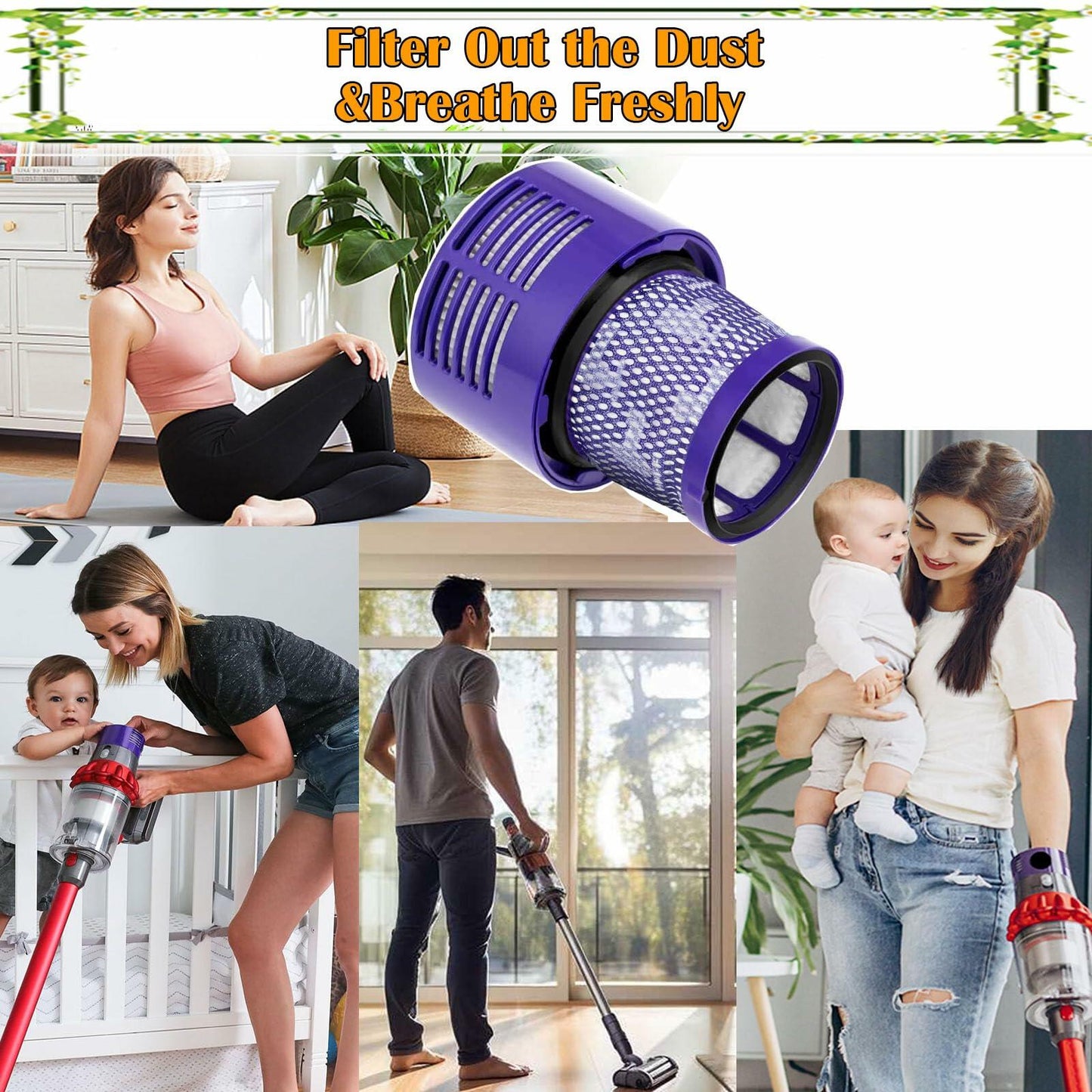 Pdoucgia Dyson V10 Vacuum Cleaner Replacement Filters 3 Pack Purple + Brush