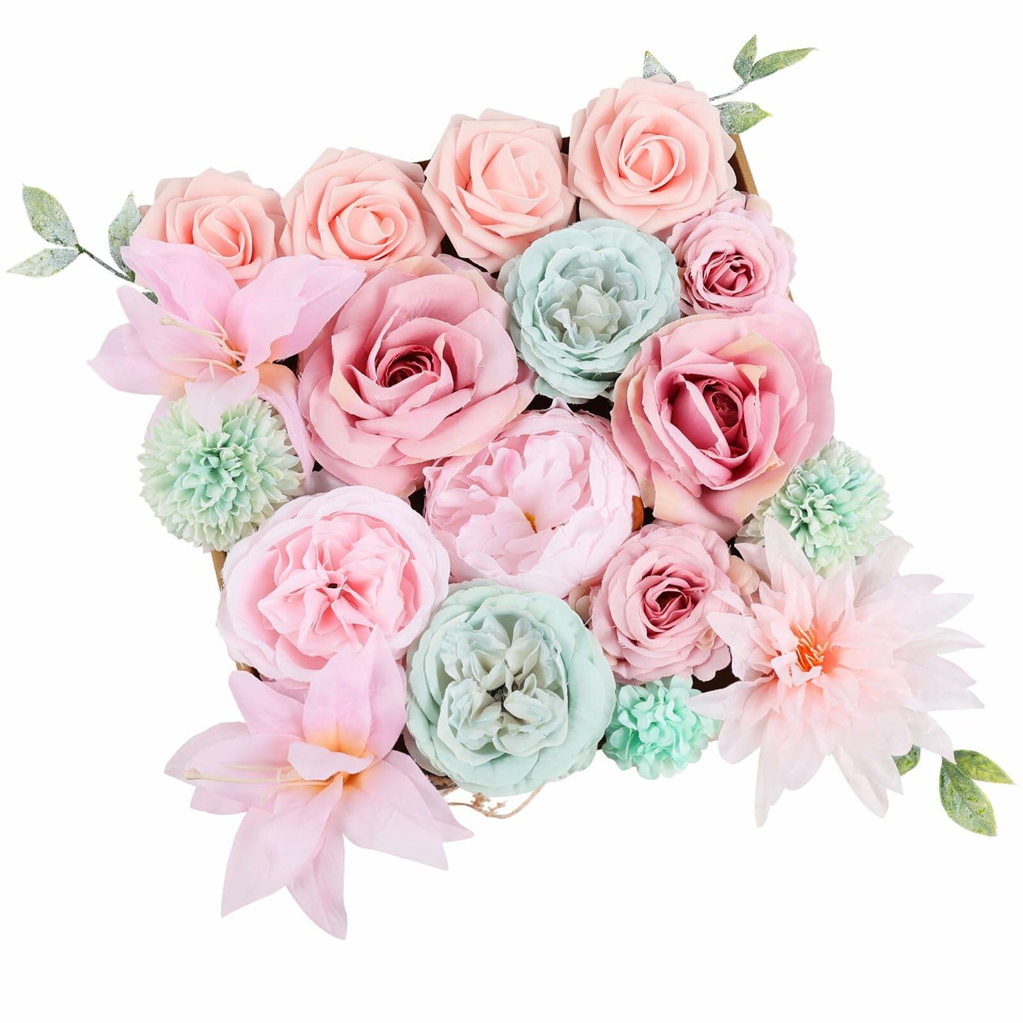 DEEMEI Artificial Pink Peach Silk Rose Peony Flowers Combo Box Set