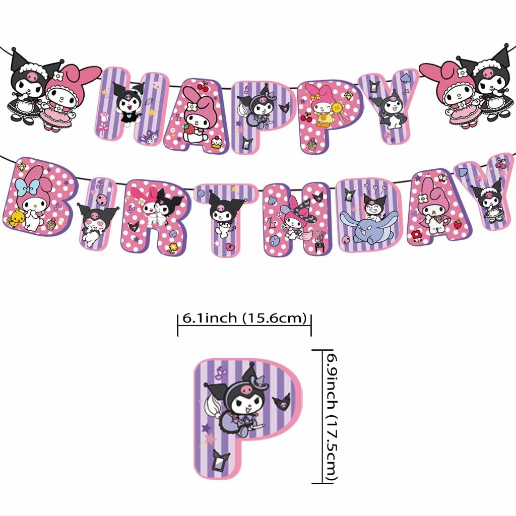 CcHLjh K Kawaii Cartoon Birthday Party Banner & 8 Purple Hanging Swirls