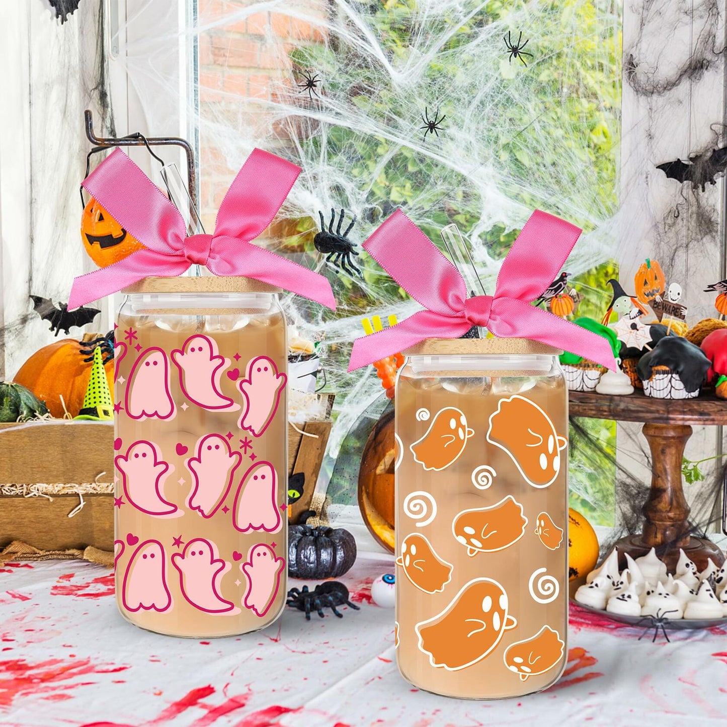 LeeSky 2 Pack Halloween Ghost Glass Tumblers 16Oz Pink Orange Lids Straws