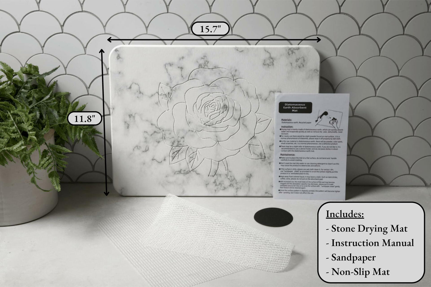 Stranor Engraved Rose Stone Drying Mat Floral 15.7x11.8 Ivory