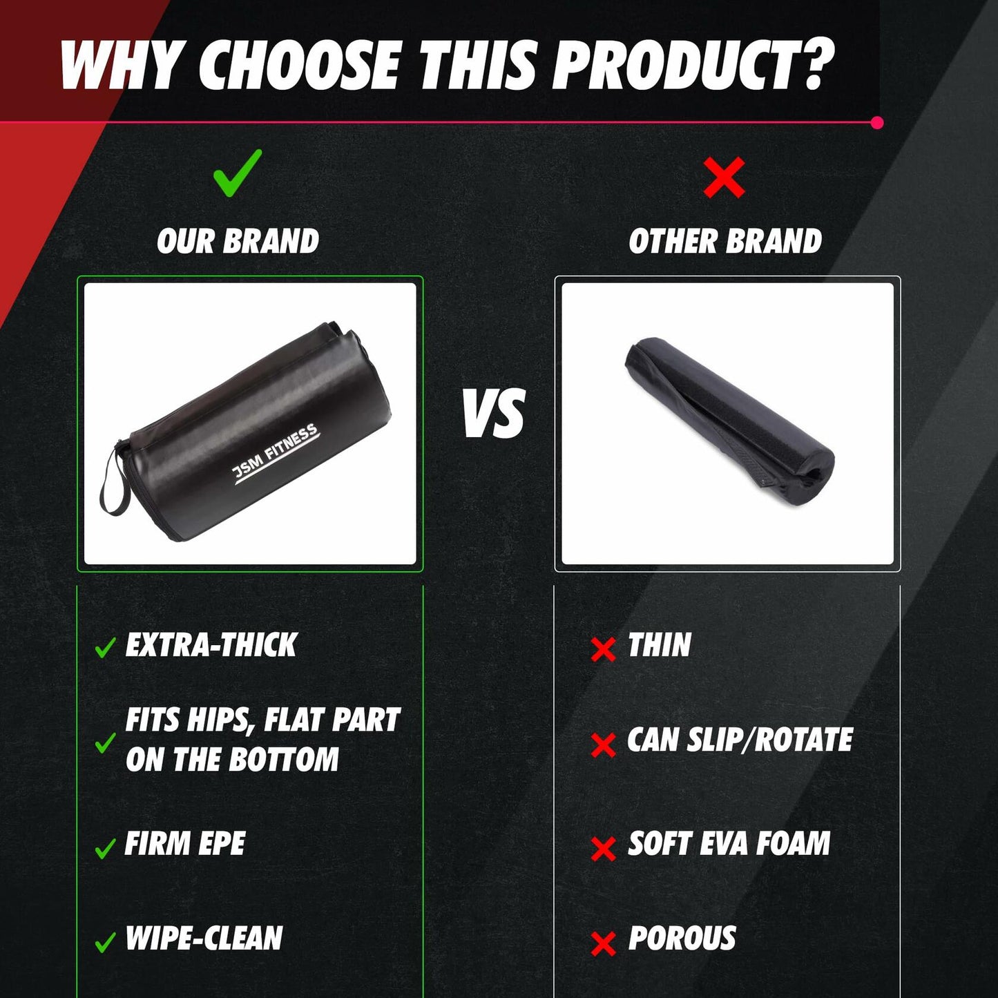 JSM FITNESS Hip Thrust Barbell Pad Extra Thick Bar Cushion Black