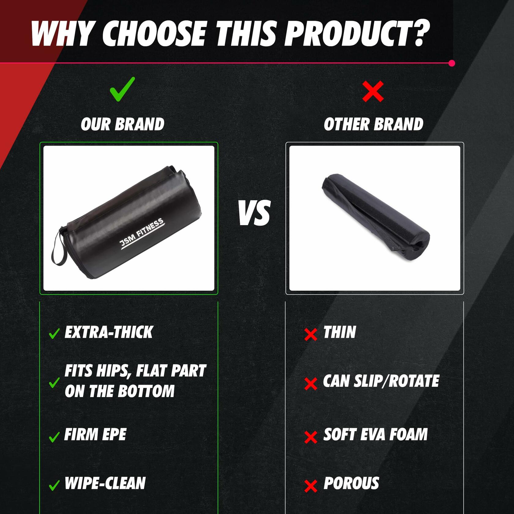 JSM FITNESS Hip Thrust Barbell Pad Extra Thick Bar Cushion Black