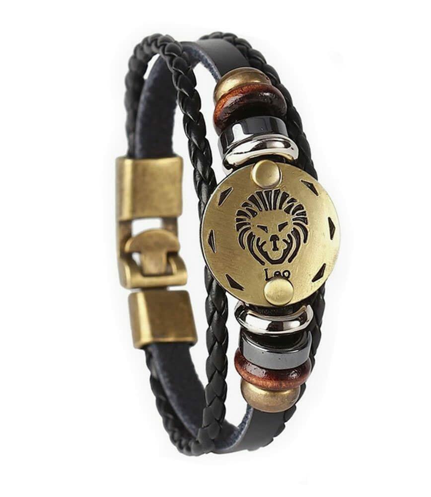 vmcoatdu Leo Zodiac Alloy Leather Braided Rope Bracelet 7.9in Brown