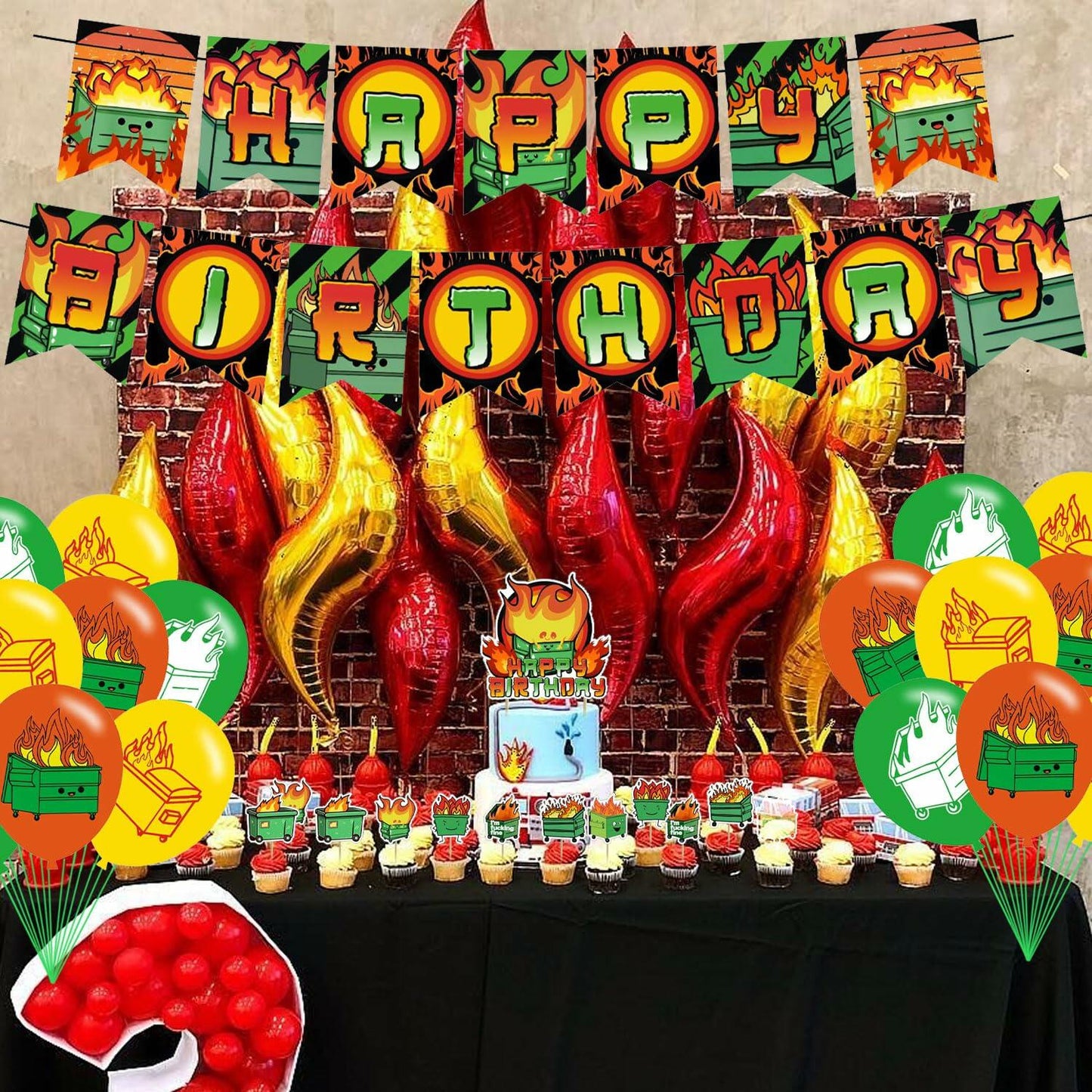 McbeAn Dumpster Fire Birthday Party Supplies Banner Cake Topper Balloons