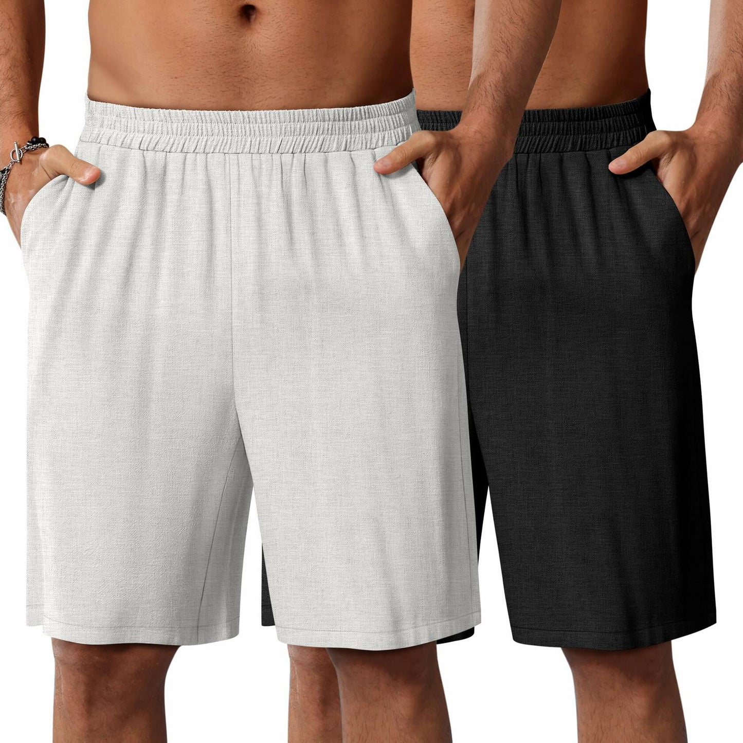 Neer Men's Linen Bermuda Shorts 2 Pack Black White Casual Elastic Waist Size S