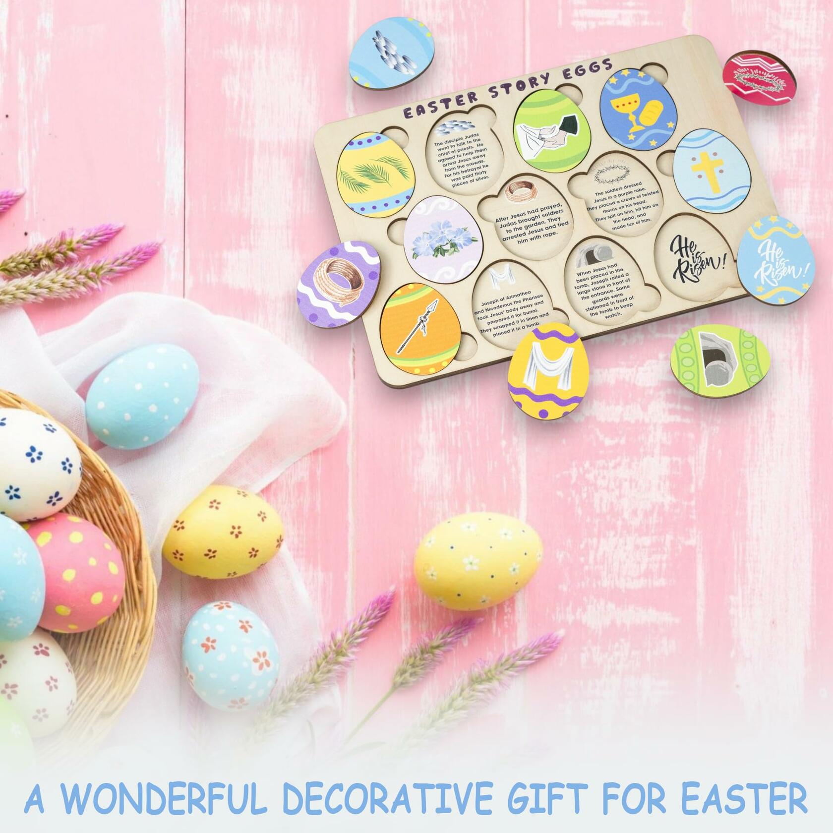 KATINAT Easter Story Wooden Eggs Set 12pcs Easter Story Puzzle Small