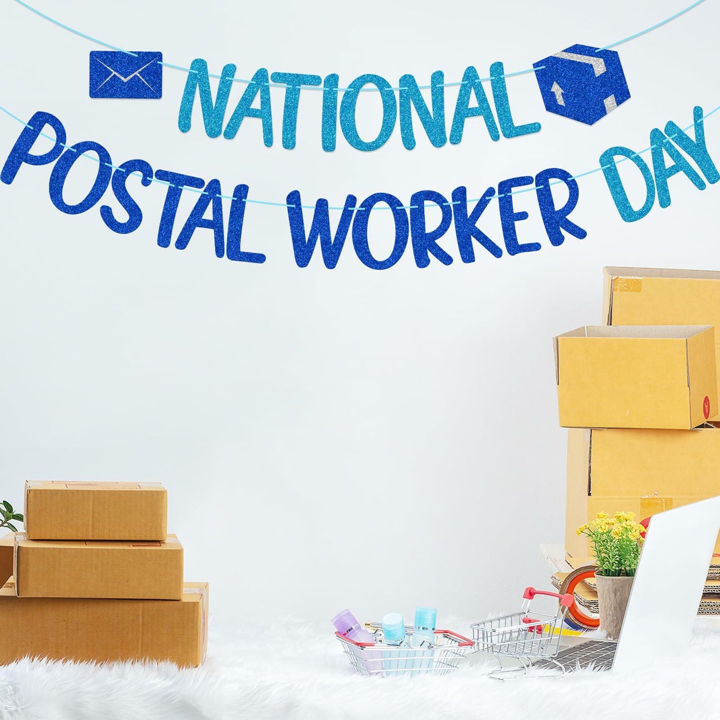 FOZEE Postal Worker Day Banner Blue Glitter Cardstock Decoration