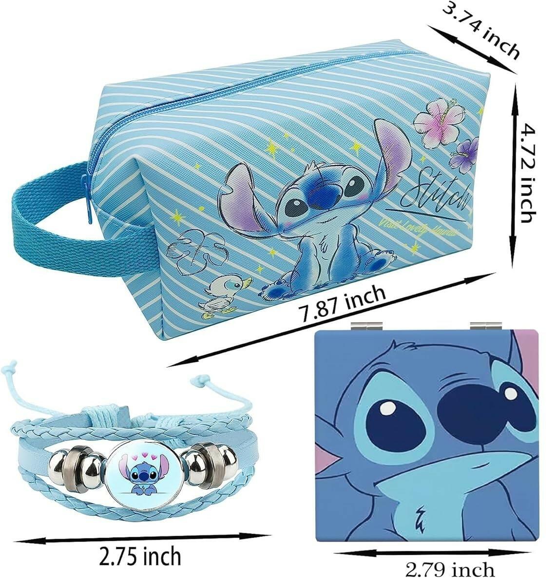 Stitch Travel Cosmetic Bag Blue Faux Leather 8.3x4x4.9in Mirror Bracelet