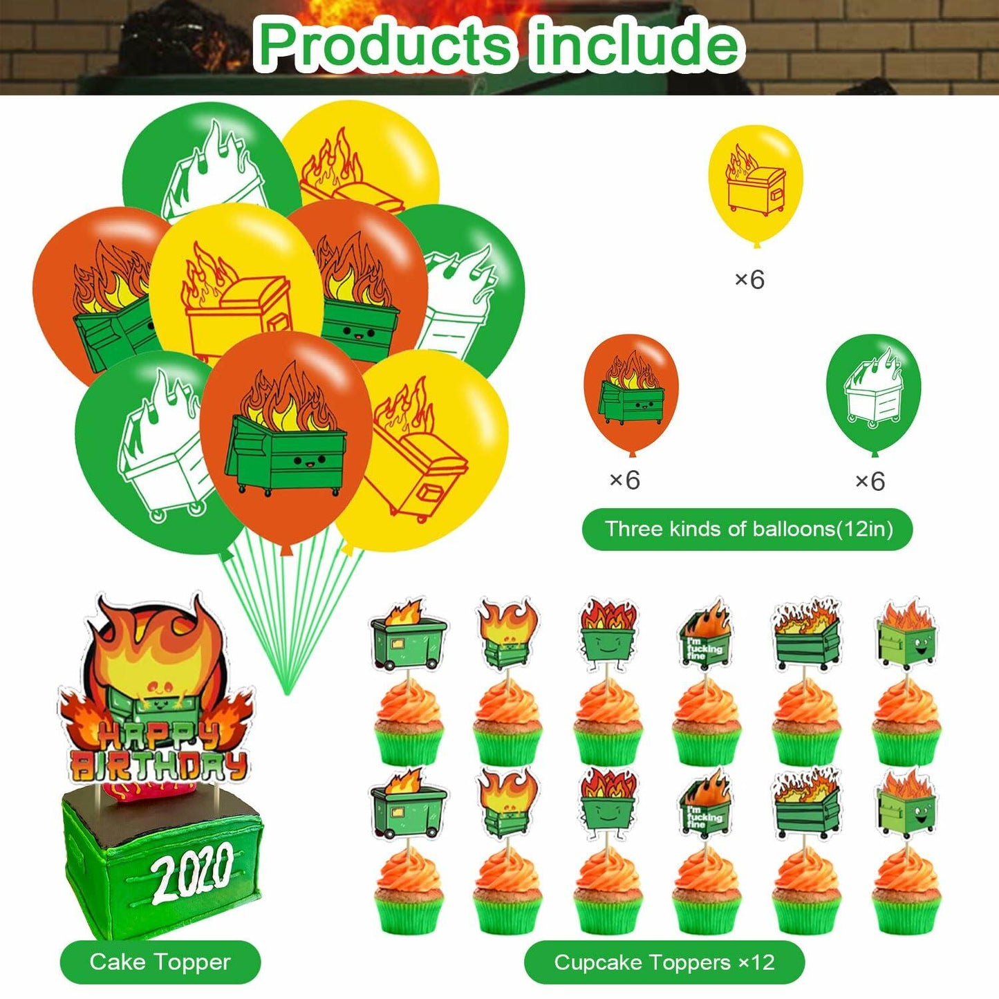 McbeAn Dumpster Fire Birthday Party Supplies Banner Cake Topper Balloons