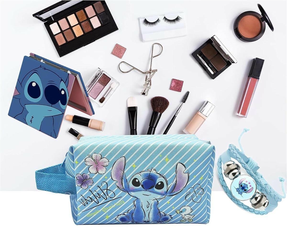 Stitch Travel Cosmetic Bag Blue Faux Leather 8.3x4x4.9in Mirror Bracelet