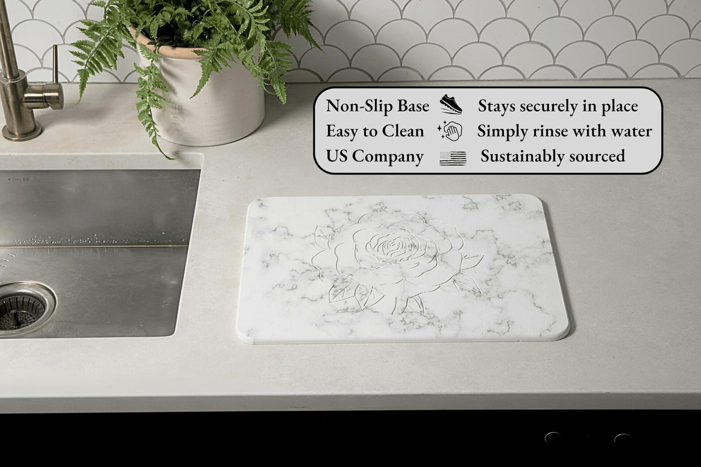 Stranor Engraved Rose Stone Drying Mat Floral 15.7x11.8 Ivory