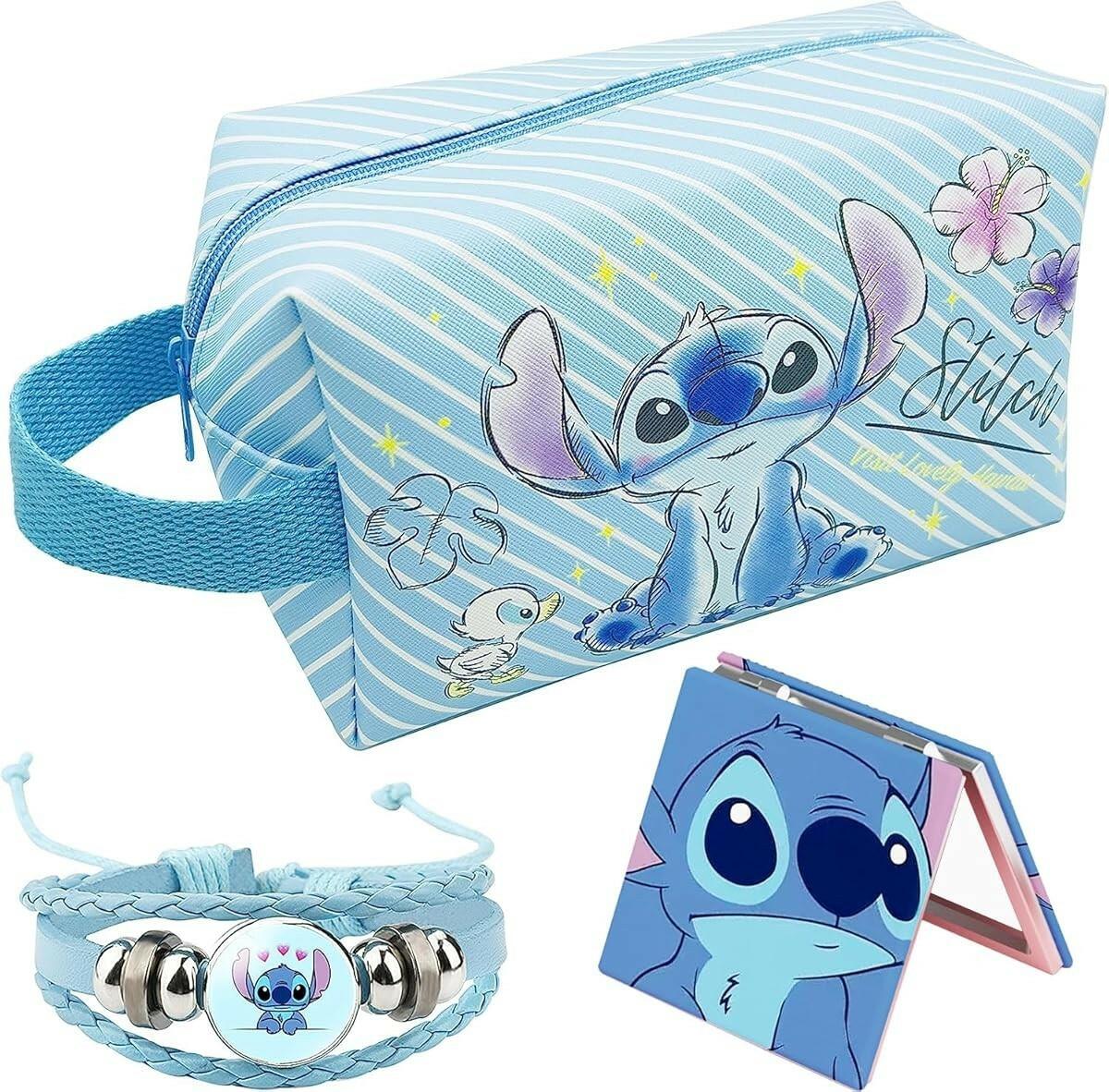 Stitch Travel Cosmetic Bag Blue Faux Leather 8.3x4x4.9in Mirror Bracelet