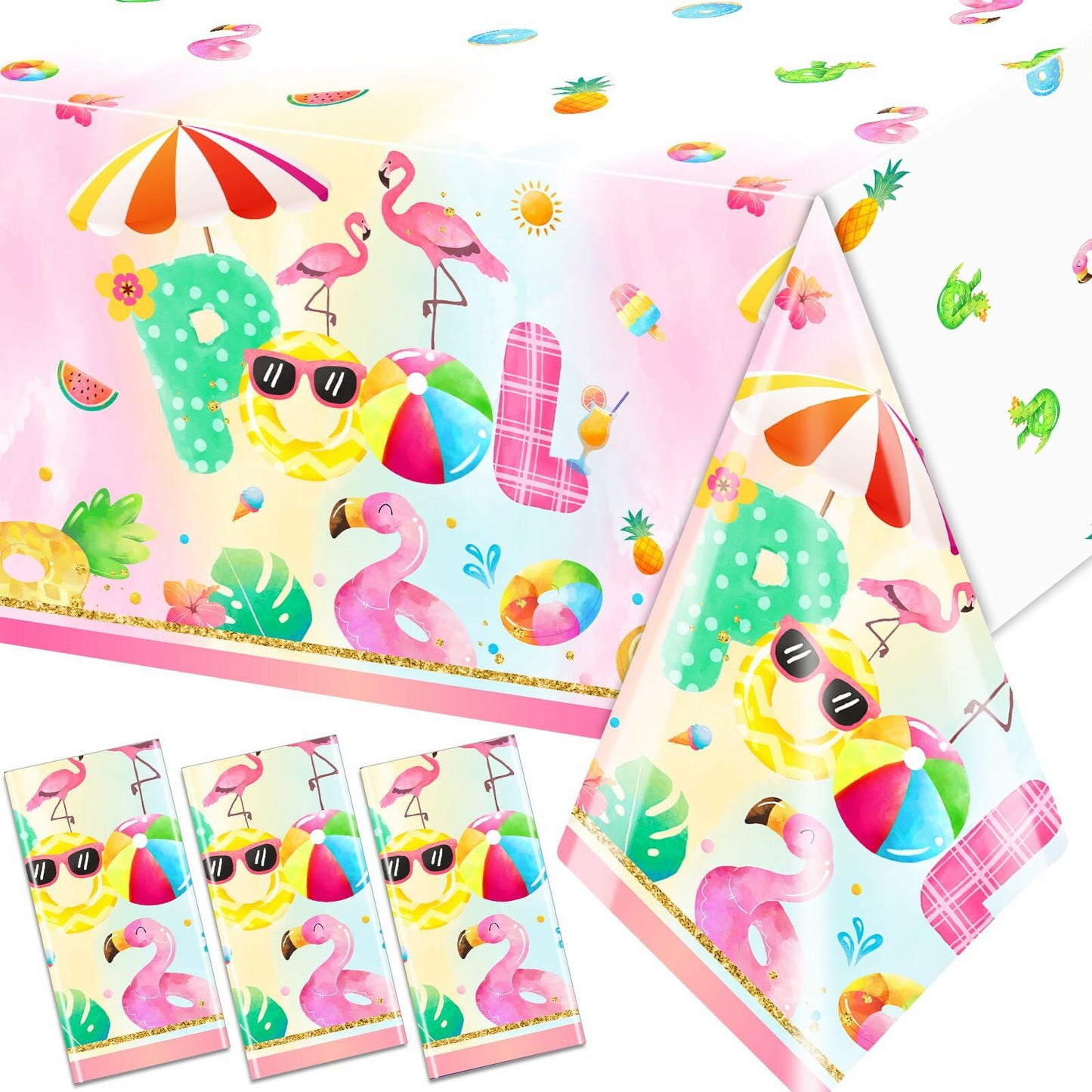 3pcs Pink Flamingo Pool Party Tablecloth Supplies Tropical Luau 54x108in