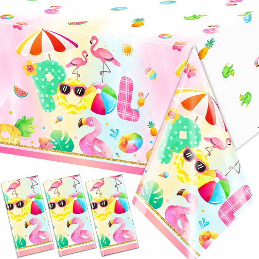 3pcs Pink Flamingo Pool Party Tablecloth Supplies Tropical Luau 54x108in