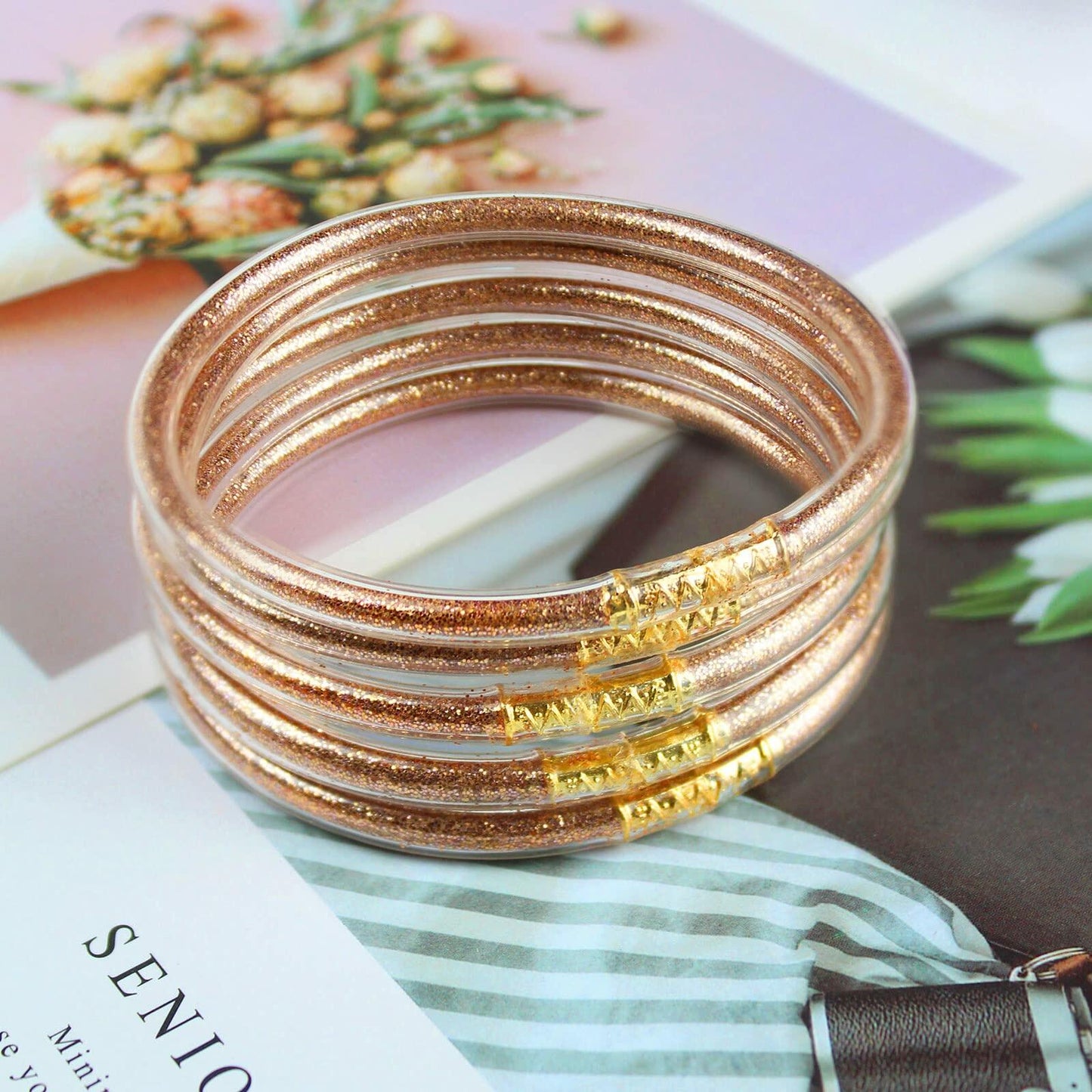 HIIXHC Rose Gold Glitter Filled Jelly Silicone Bangle Bracelets 6.5 Inch