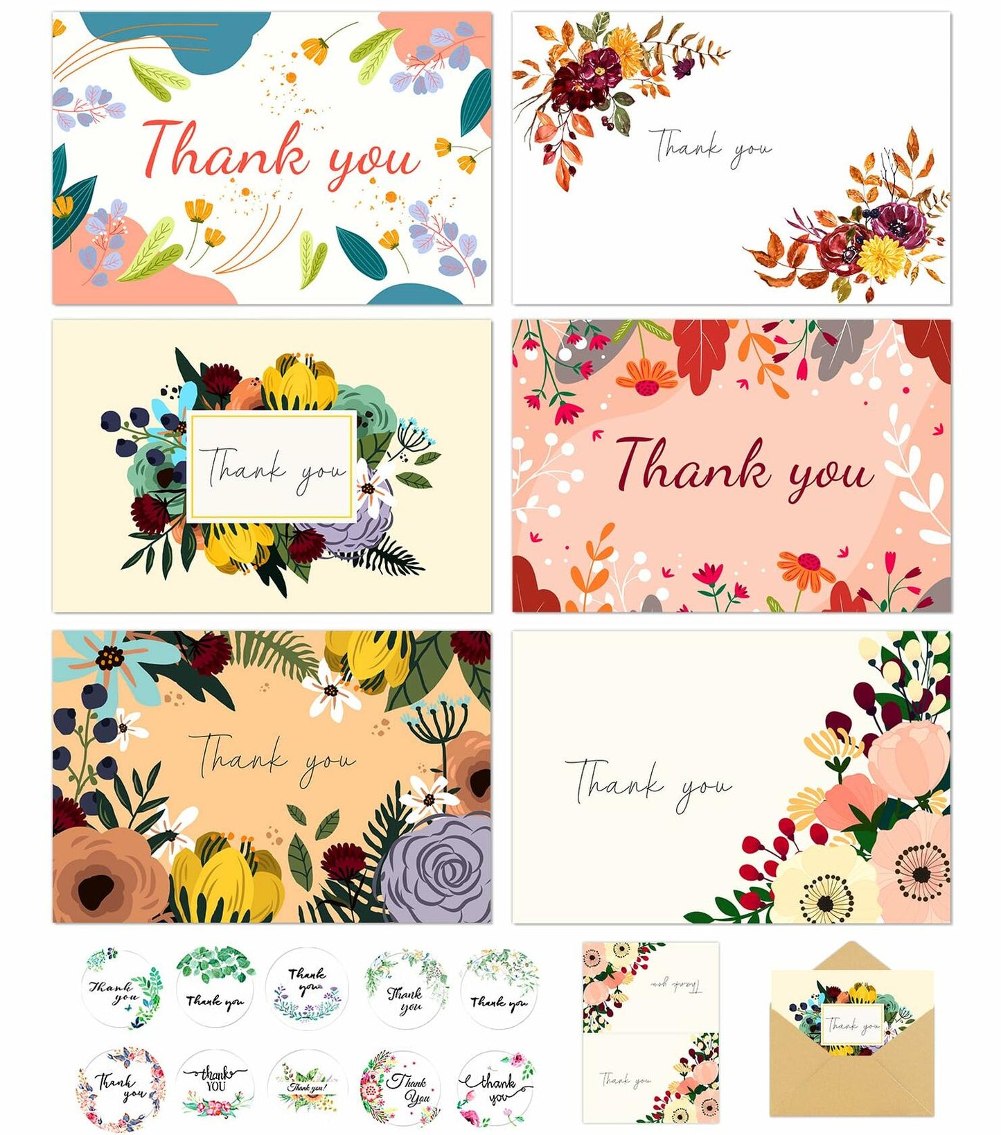 JSDRSK 24 Pack Floral Thank You Cards 4x6 Inch with Envelopes Stickers Colorful