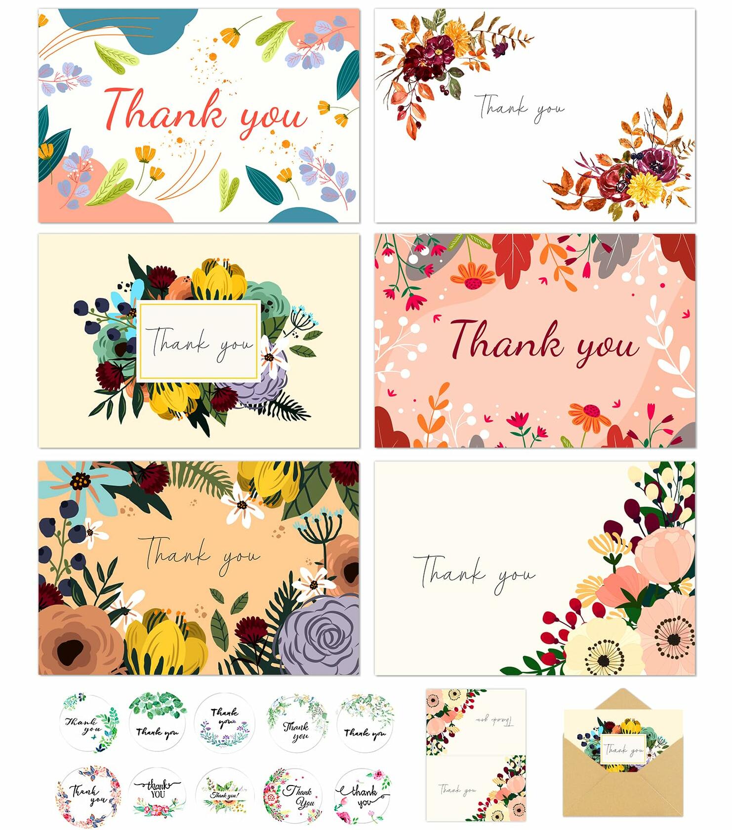 JSDRSK 24 Pack Floral Thank You Cards 4x6 Inch with Envelopes Stickers Colorful