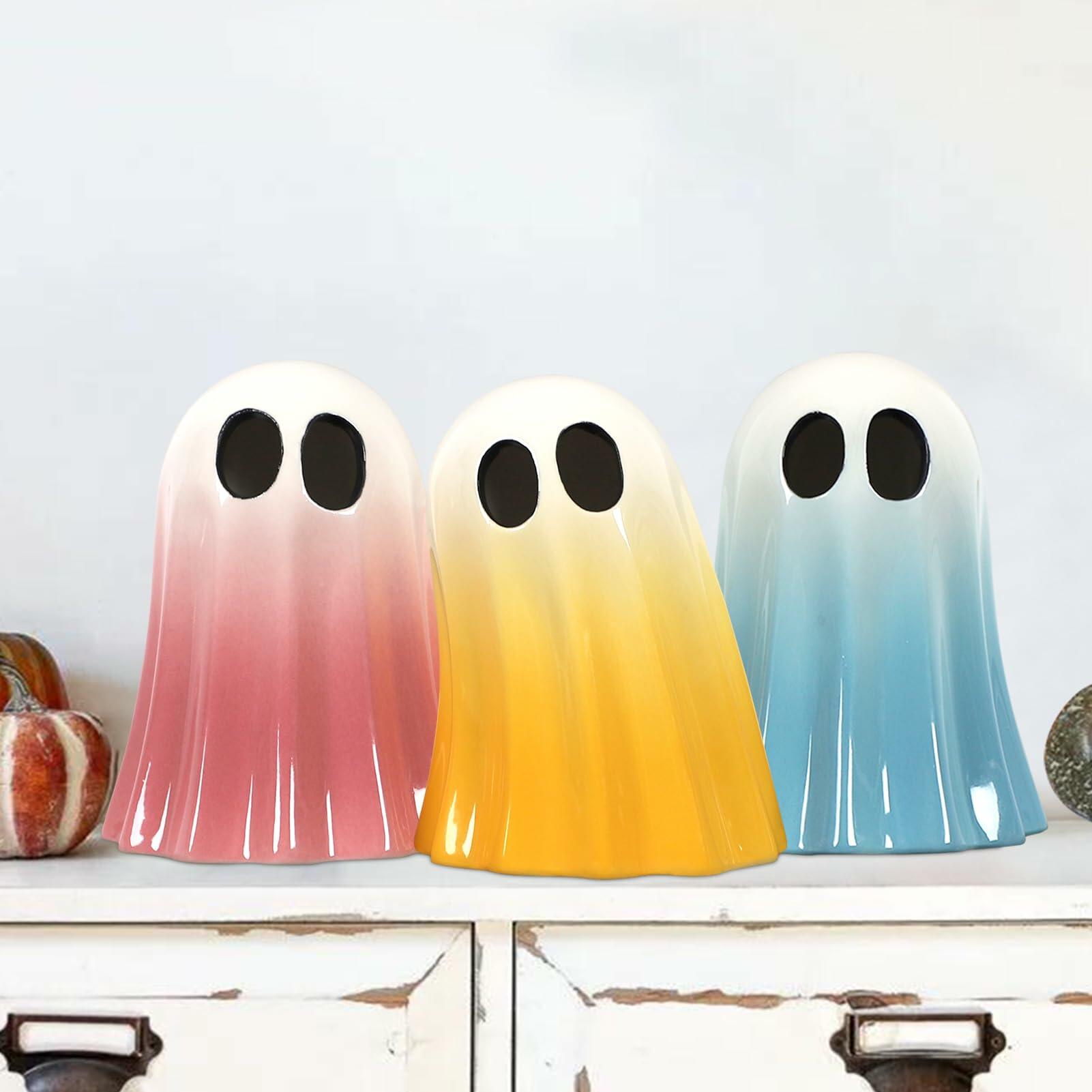 DAZONGE Halloween Ceramic Ghost Figurines Set of 3 Pink Yellow Blue Indoor