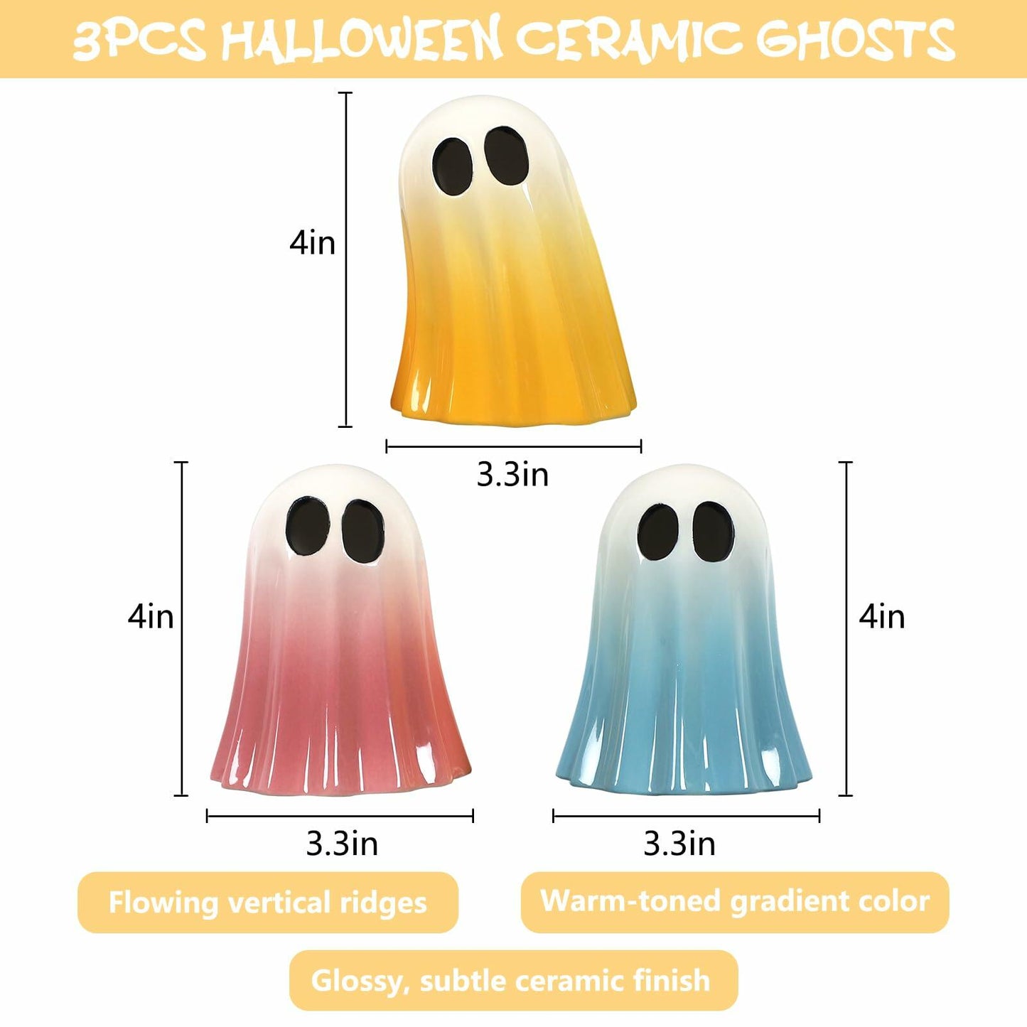 DAZONGE Halloween Ceramic Ghost Figurines Set of 3 Pink Yellow Blue Indoor