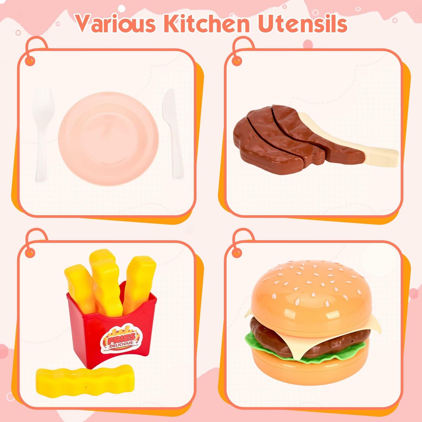 Bruvoalon 200Pcs Mini Play Kitchen Accessories Set Pink ABS Cookware Tableware