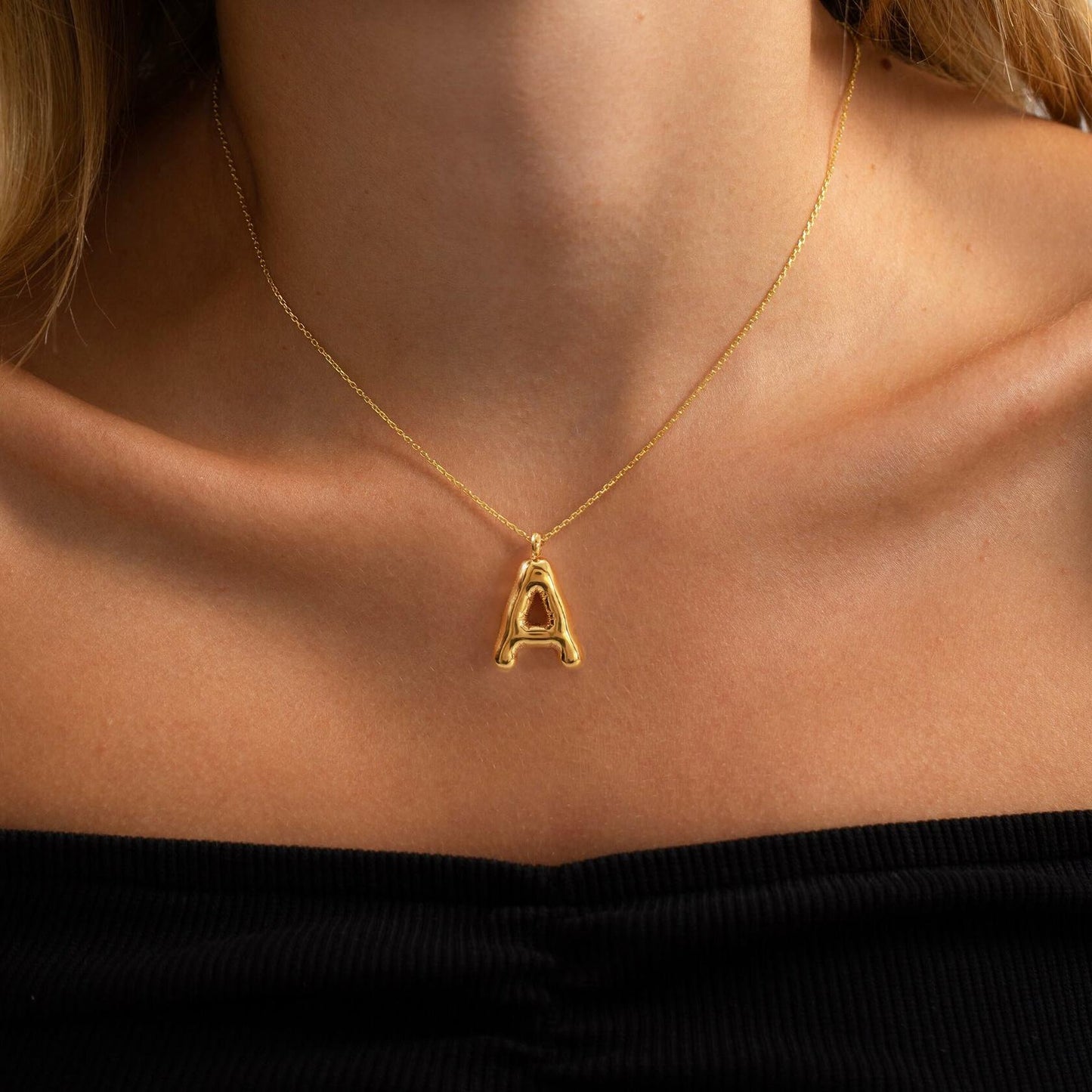 JNZSSWHJJH 18K Gold Filled Bubble Letter E Necklace Stainless Steel Box Chain