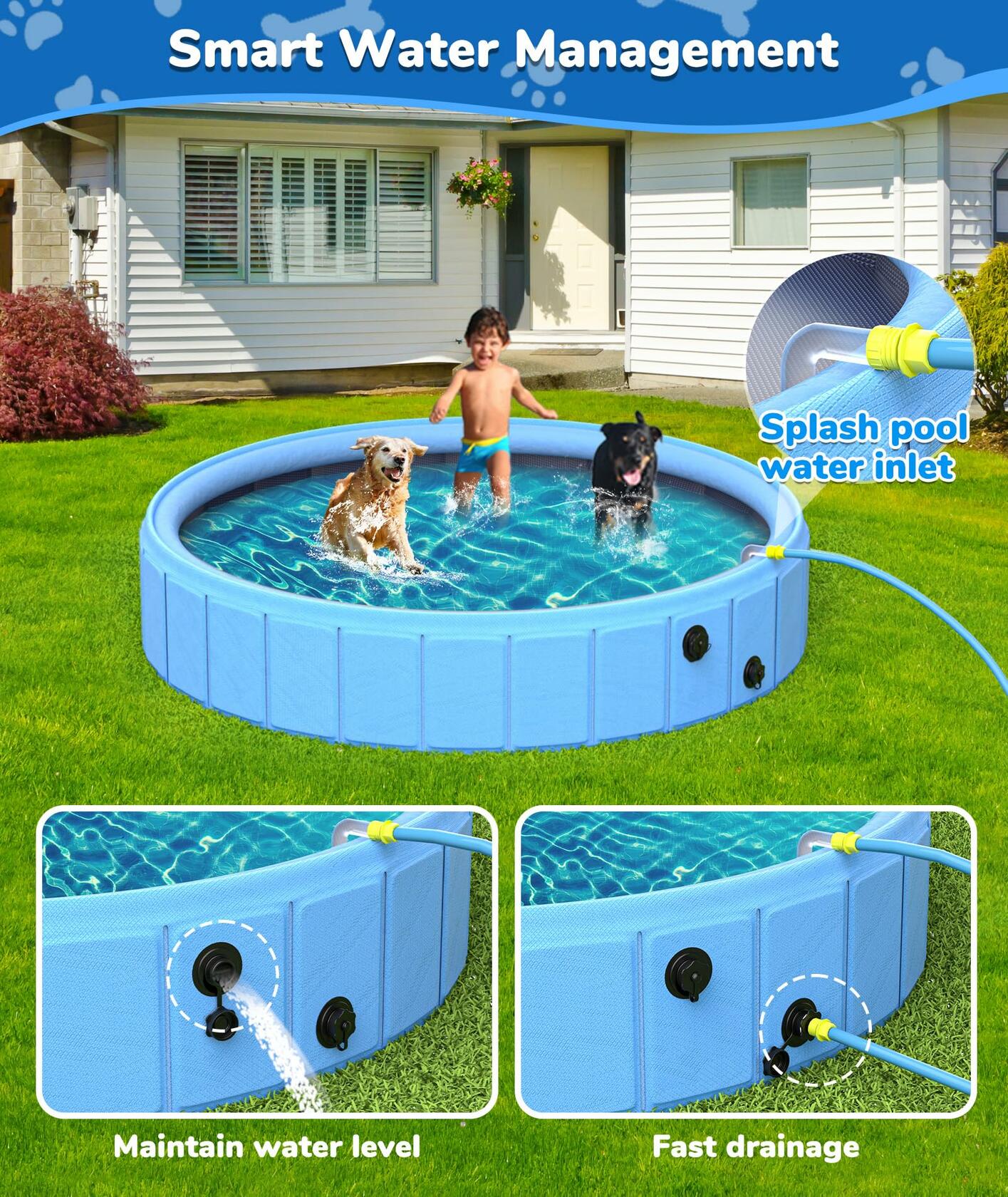 EPN Large Foldable Dog Pool 79" Heavy Duty PVC Non-Slip Blue