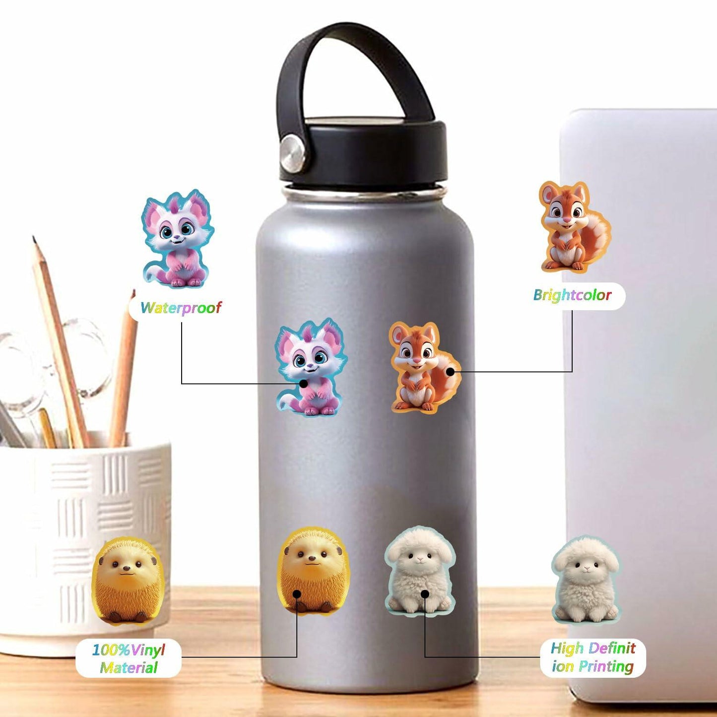 100pcs Kawaii Animal Stickers Cute Vinyl Waterproof for Laptop Water Bottle
