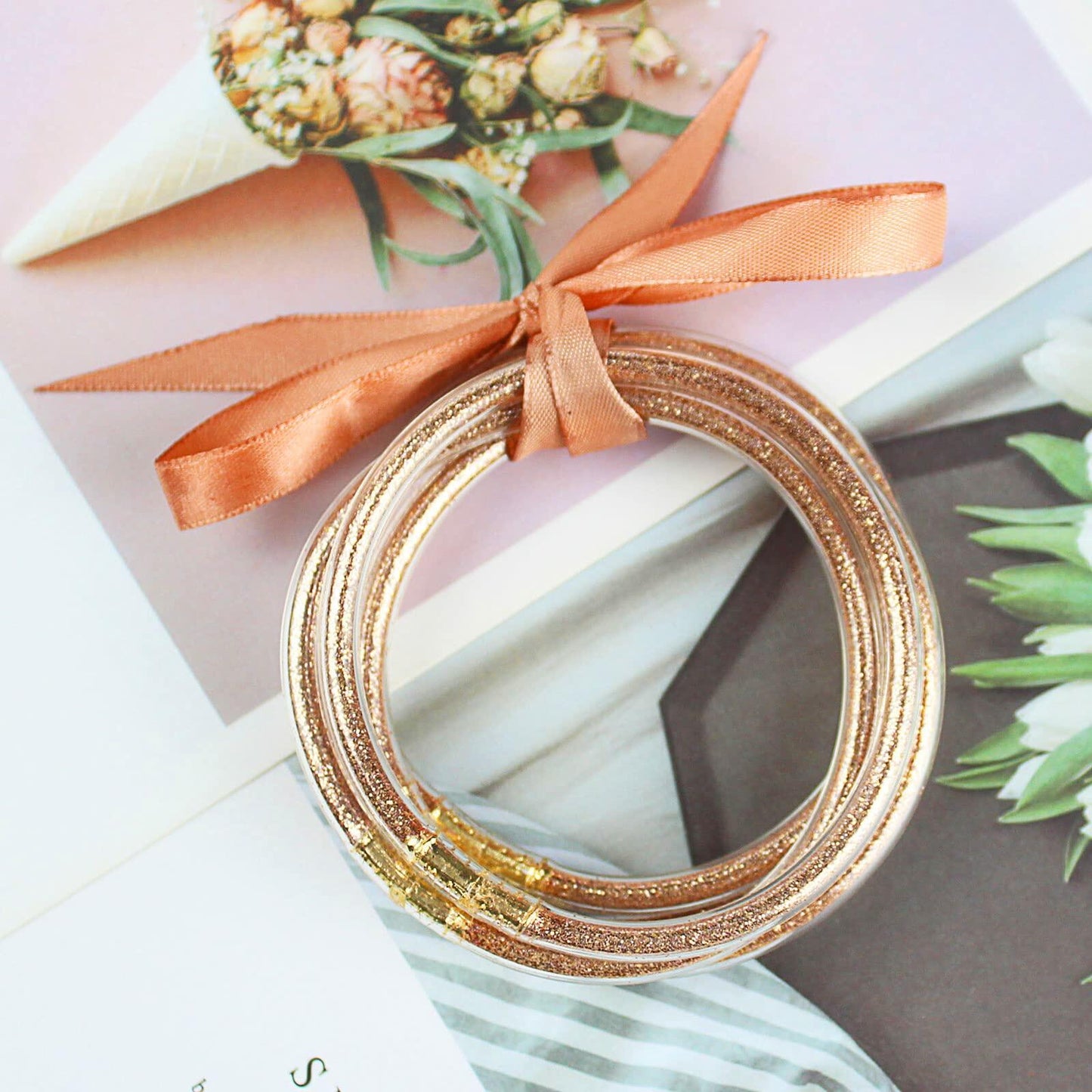 HIIXHC Rose Gold Glitter Filled Jelly Silicone Bangle Bracelets 6.5 Inch