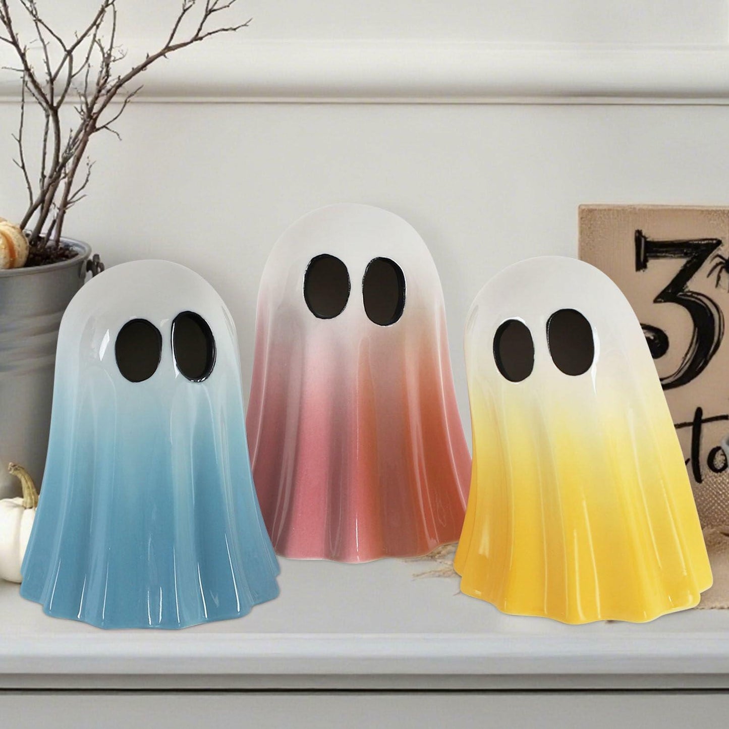 DAZONGE Halloween Ceramic Ghost Figurines Set of 3 Pink Yellow Blue Indoor