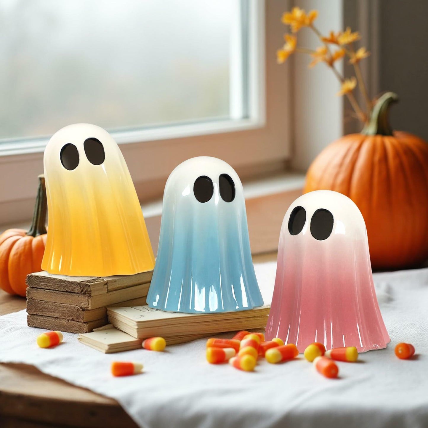 DAZONGE Halloween Ceramic Ghost Figurines Set of 3 Pink Yellow Blue Indoor