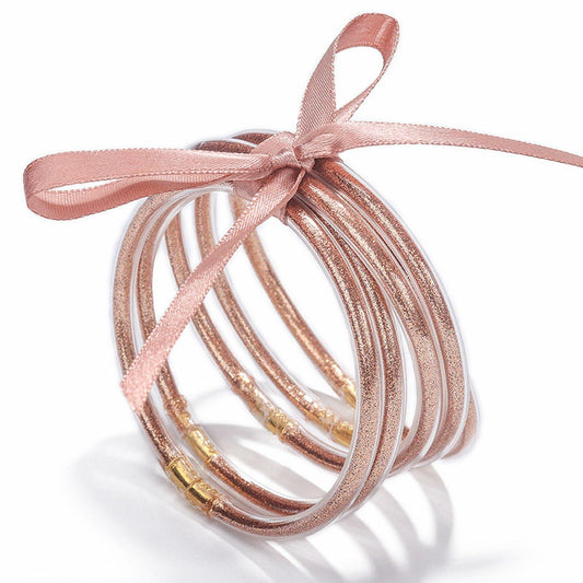 HIIXHC Rose Gold Glitter Filled Jelly Silicone Bangle Bracelets 6.5 Inch